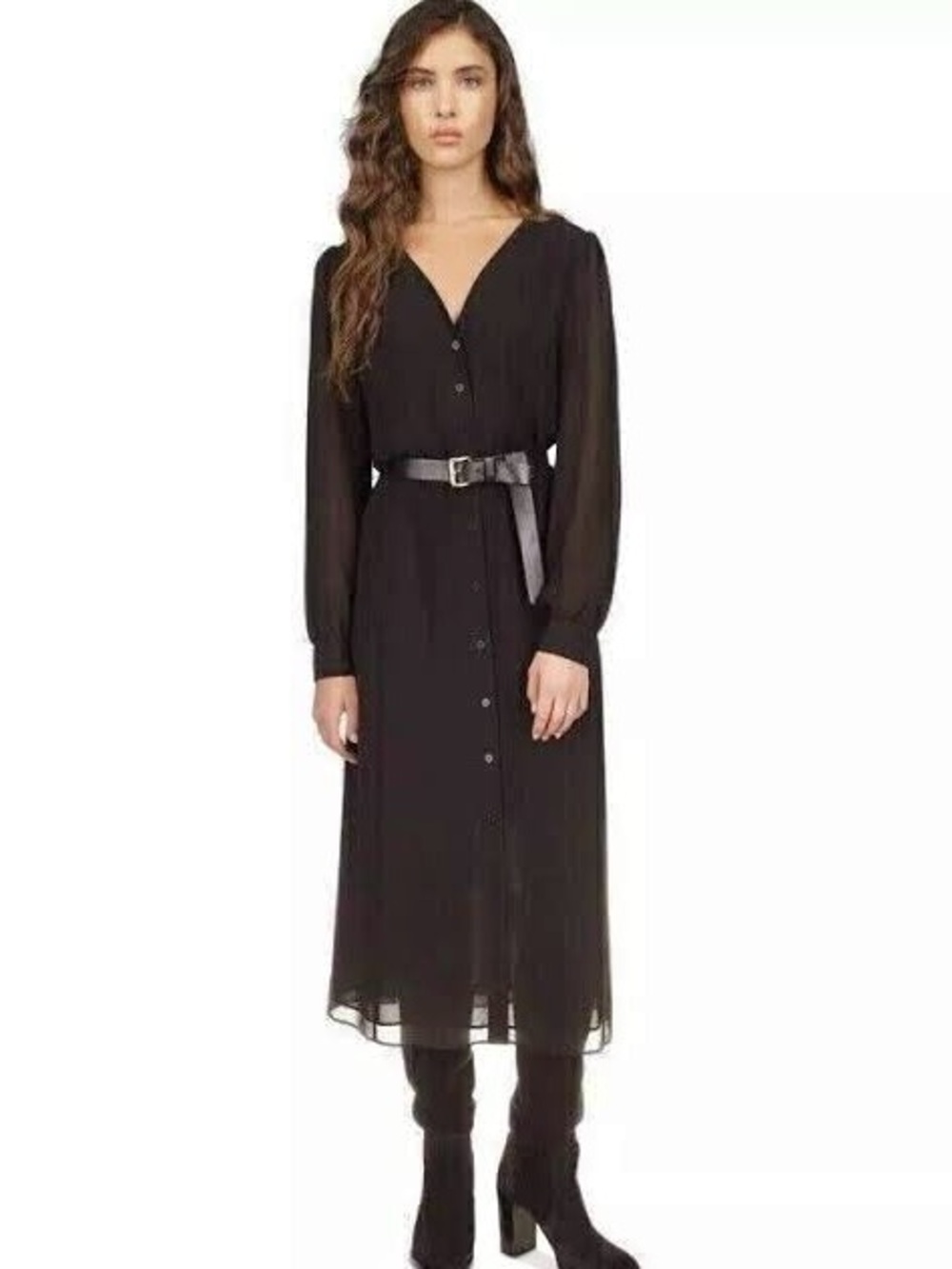 MICHAEL Michael Kors Black Button-Front Midi Dress with Belt